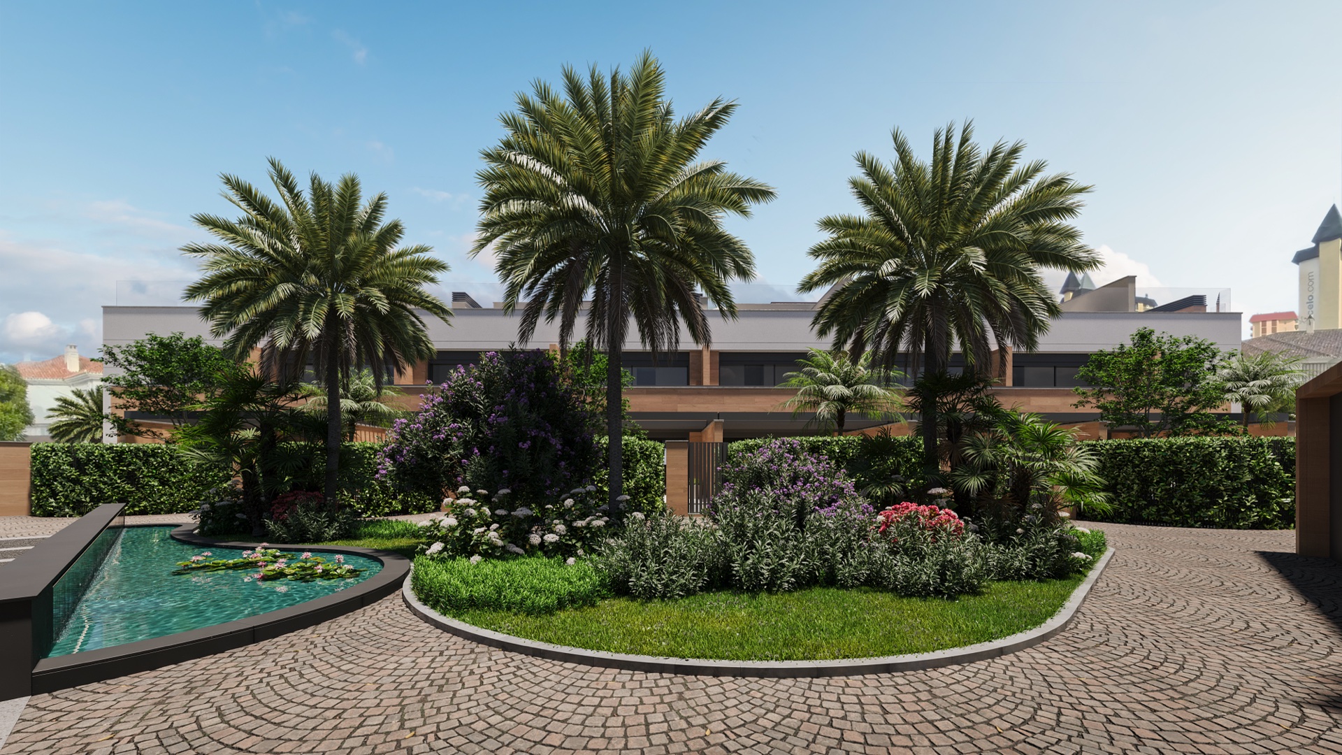 The shared courtyard between the street and the houses, with the water feature to one side. Santa Amalia, Avenida Santa Amalia, Fuengirola.