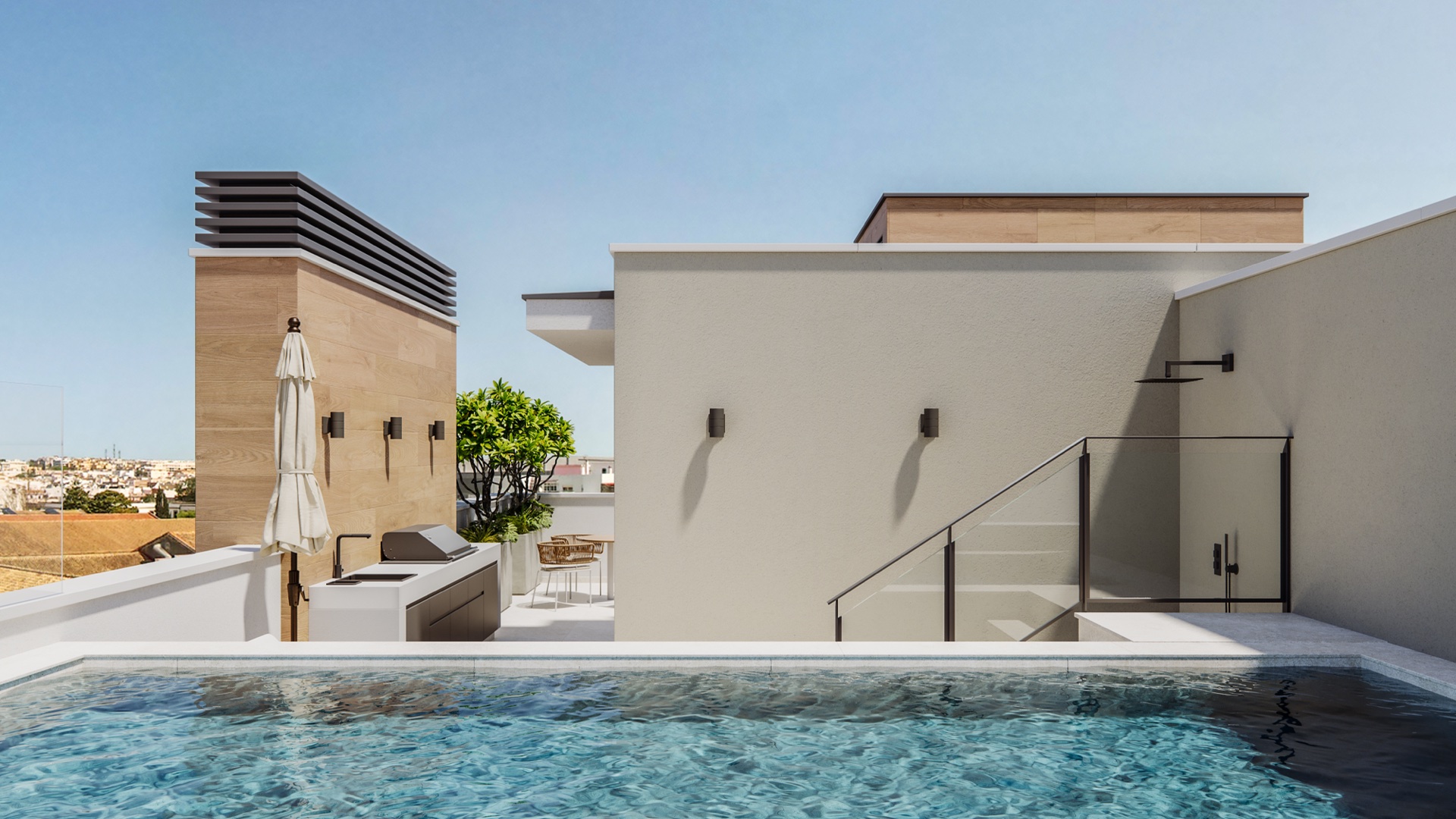 A rooftop pool and the sheltered seating beside it, on top of one of the houses. Santa Amalia, Avenida Santa Amalia, Fuengirola.