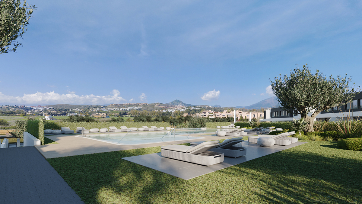 The communal pool, with the hills and countryside beyond it. Serene Atalaya, Atalaya Golf, Estepona.