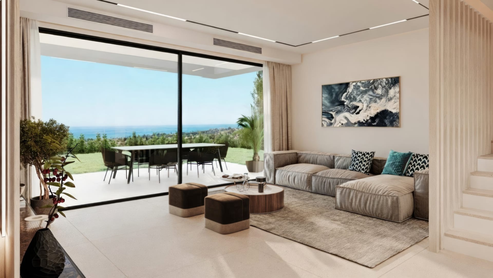 The living room of one of the houses in the developer’s illustrations, open to a covered terrace, the garden and a view of the sea. Serenity Hills, Elviria, Marbella.