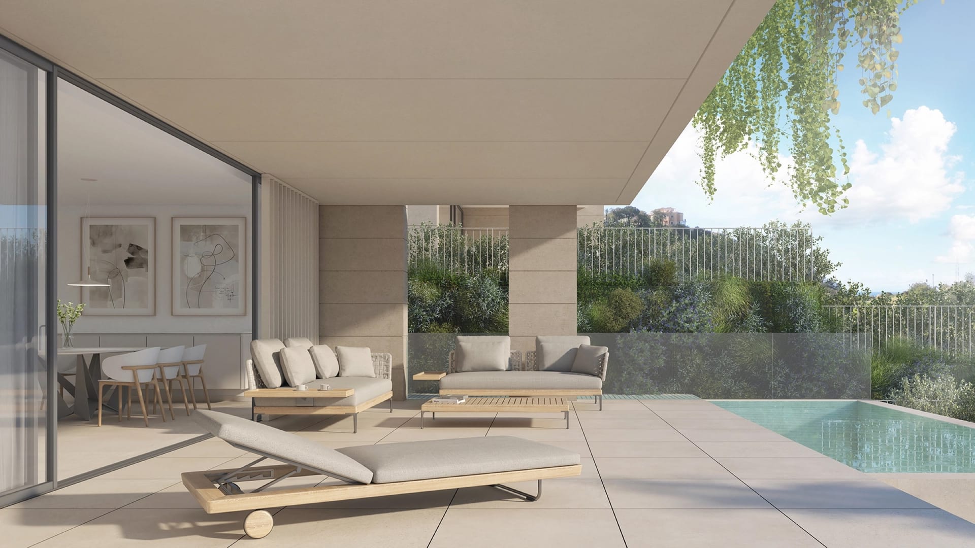 A covered terrace beside a private pool. Sira Homes, Elviria, Marbella.