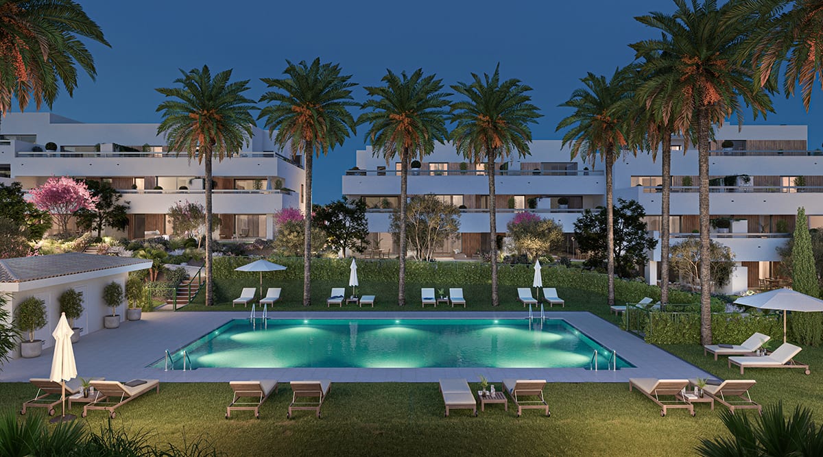 One of the two pools, with its solarium alongside. Sunset Bay Estepona, La Gaspara, Estepona.