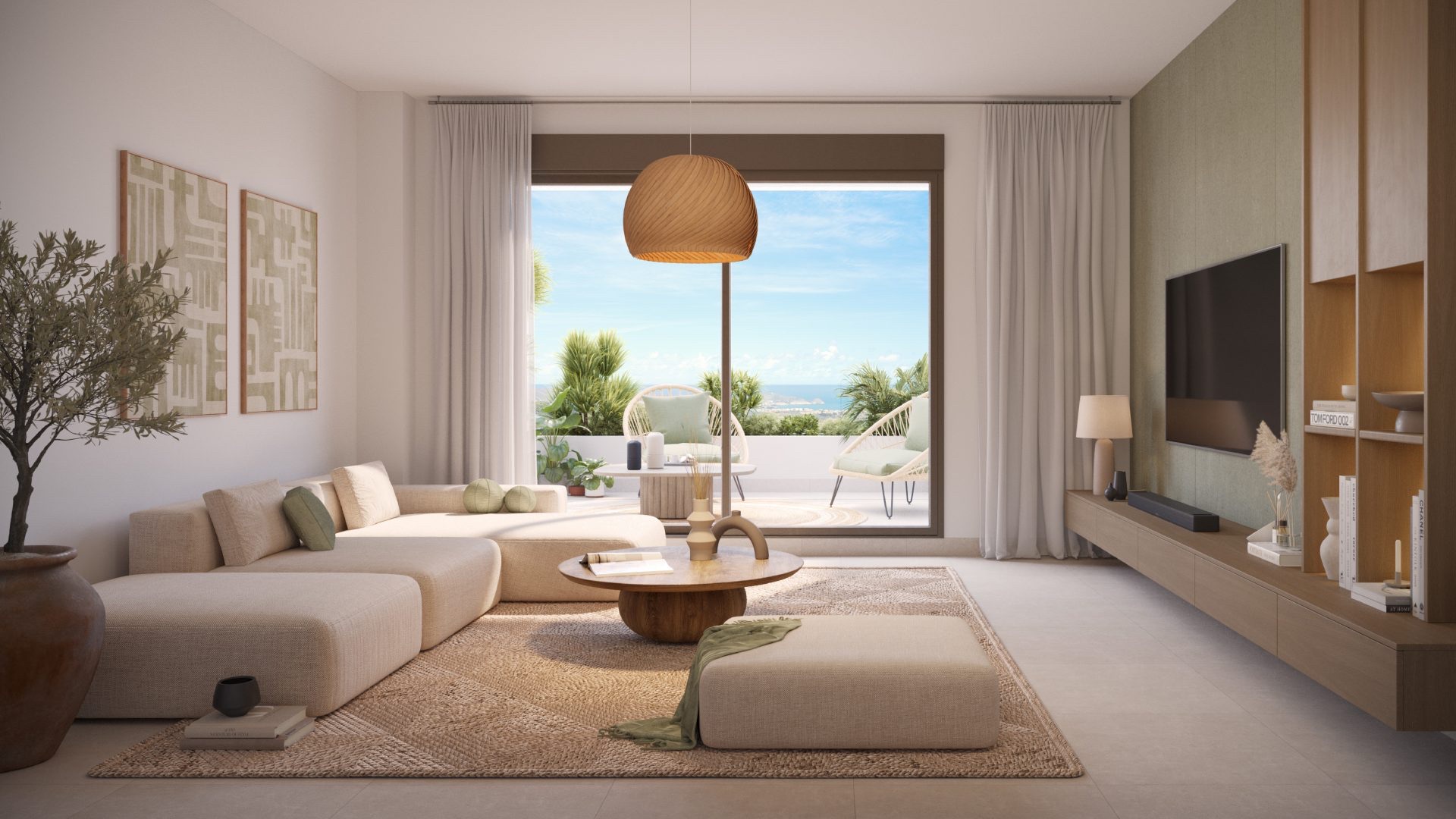 The living room of one of the apartments, with sliding doors onto the terrace and the sea visible beyond. Swing Golf, Pilar de Jaravía, Pulpí.