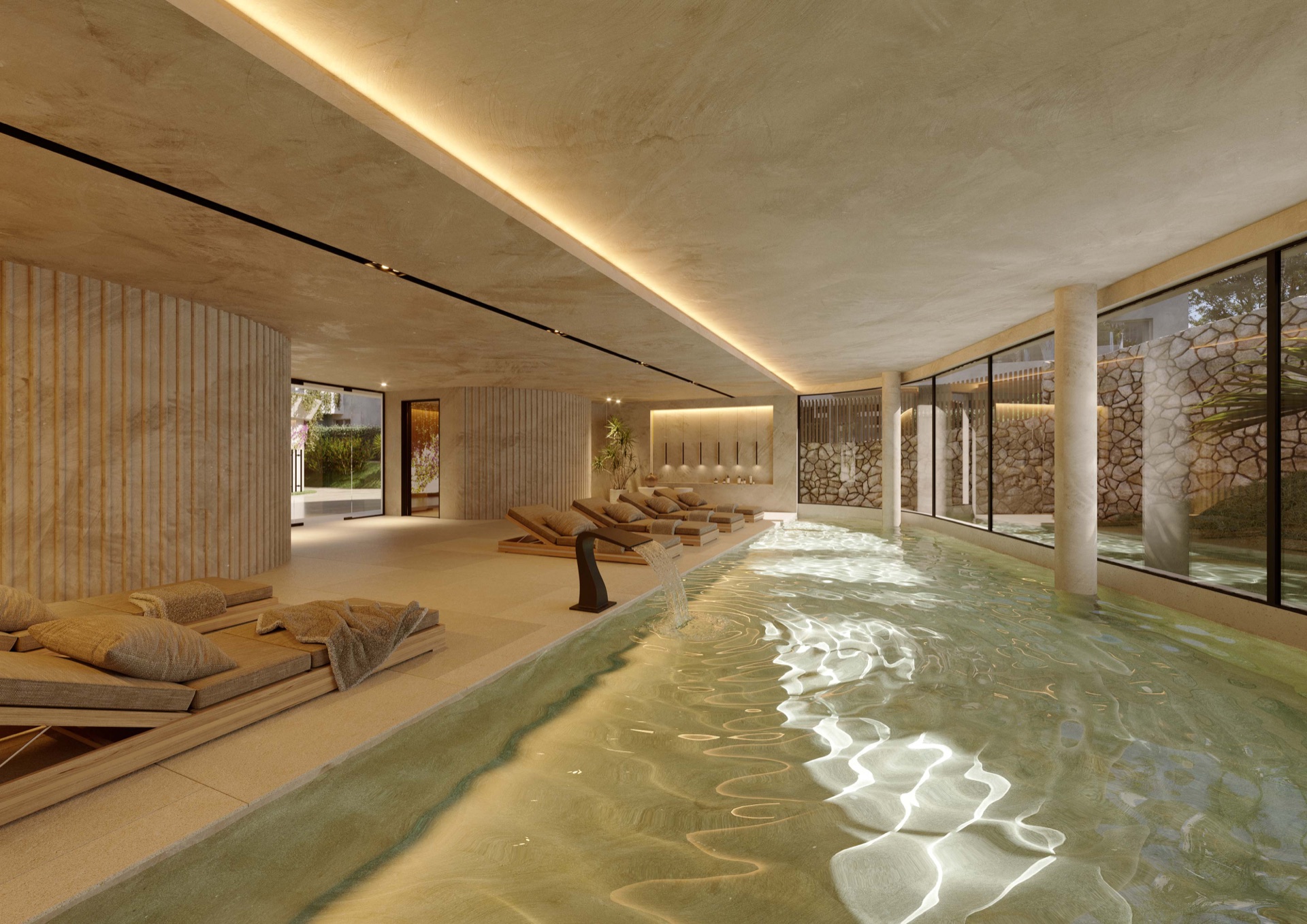 The spa’s heated indoor pool, with loungers along one side under a timber ceiling. The Palms at Estepona, Avenida Bernardo de Gálvez, Estepona.