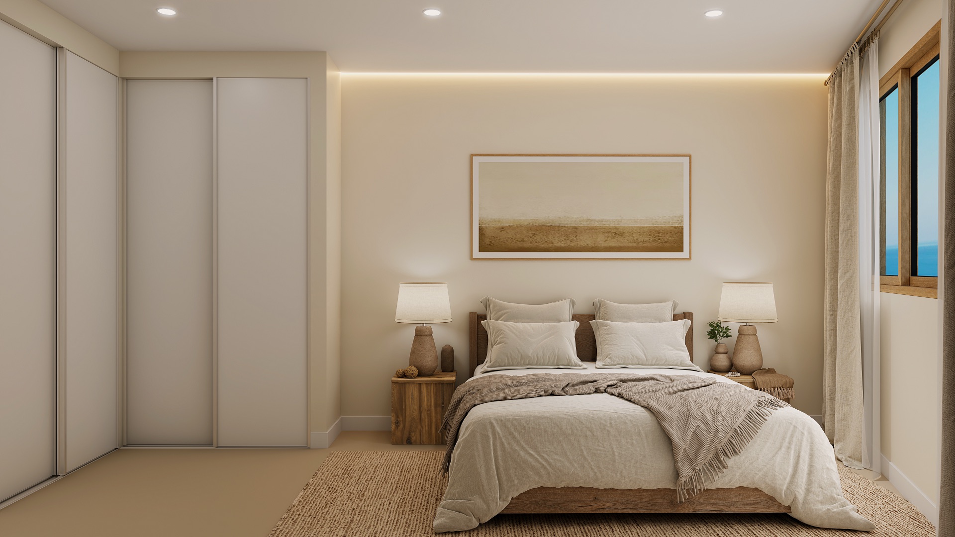 One of the bedrooms, with built-in wardrobes behind white sliding doors along one wall. Urban City Horizon, Torreblanca, Fuengirola.