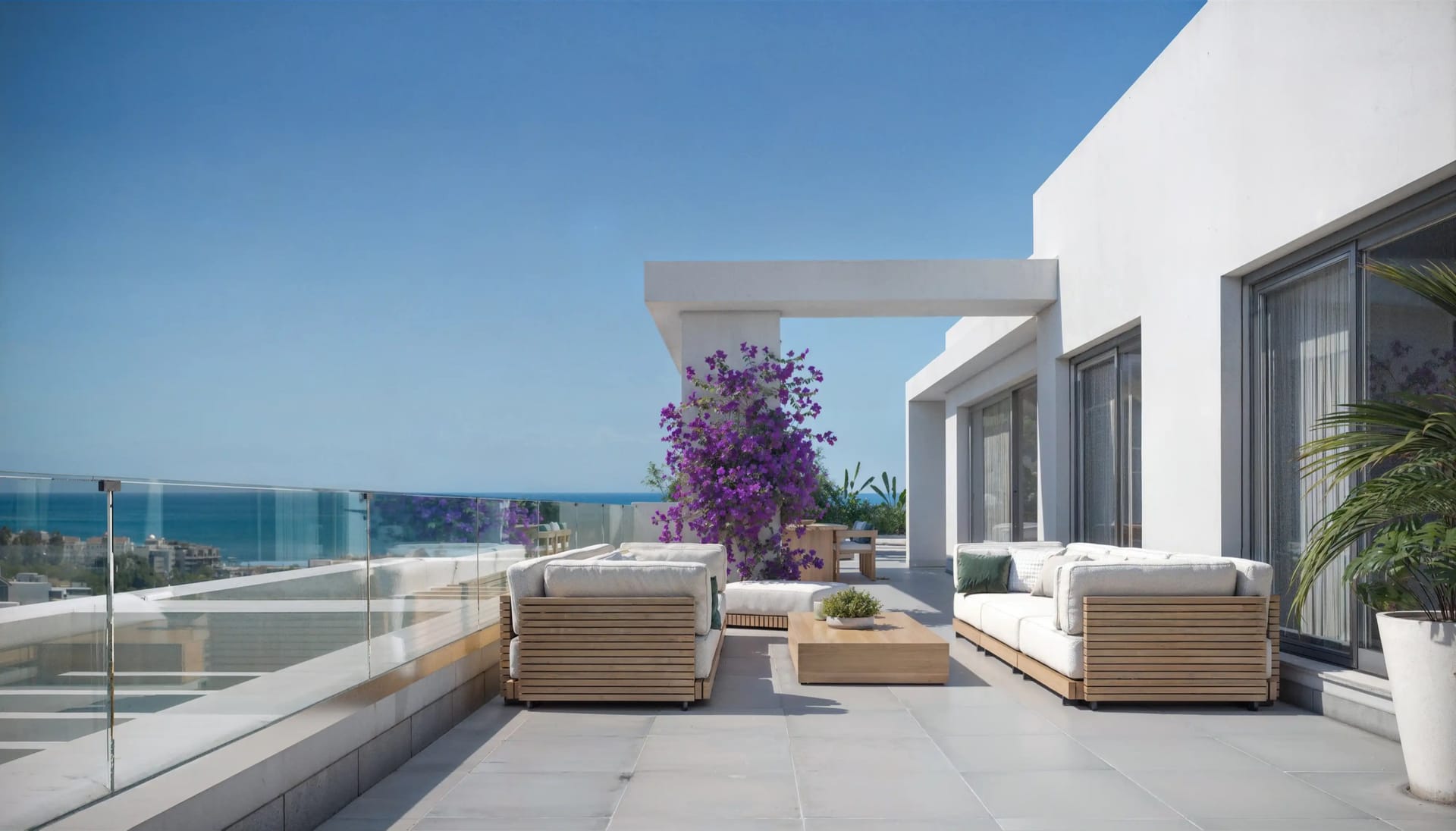 A top-floor terrace with sofas behind a glass balustrade, looking out to the sea. Vanian Gardens IV, La Resina, Estepona.