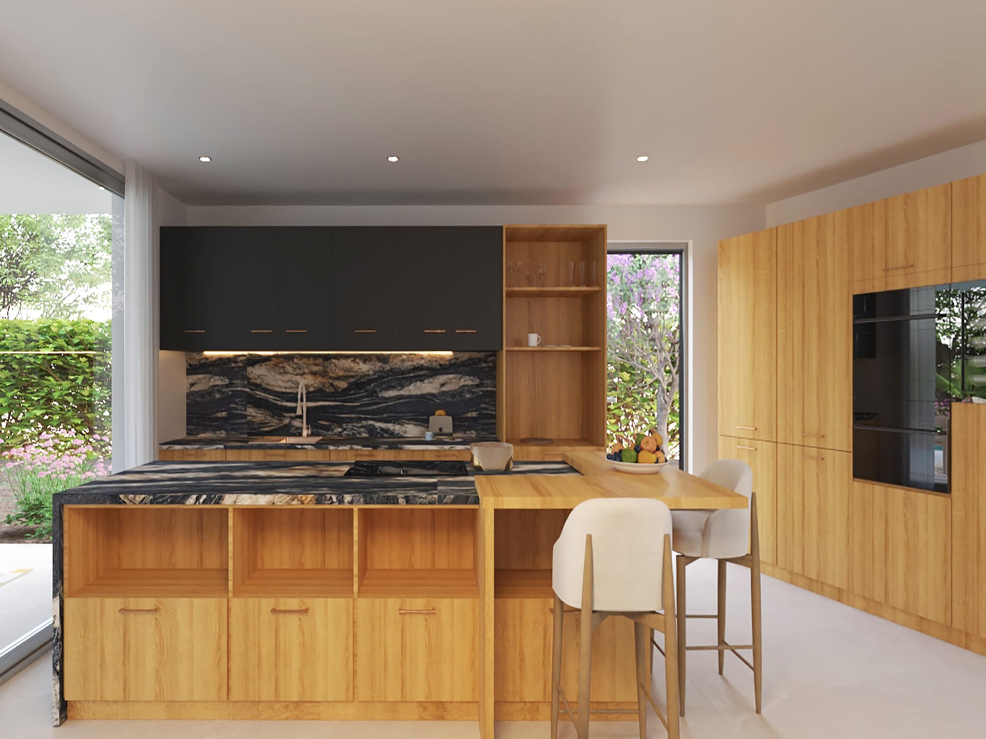 The main kitchen, with wood-finish units, black wall cupboards, a dark veined stone splashback and a breakfast bar at the island. Villa Sol, San Pedro de Alcántara, Marbella.