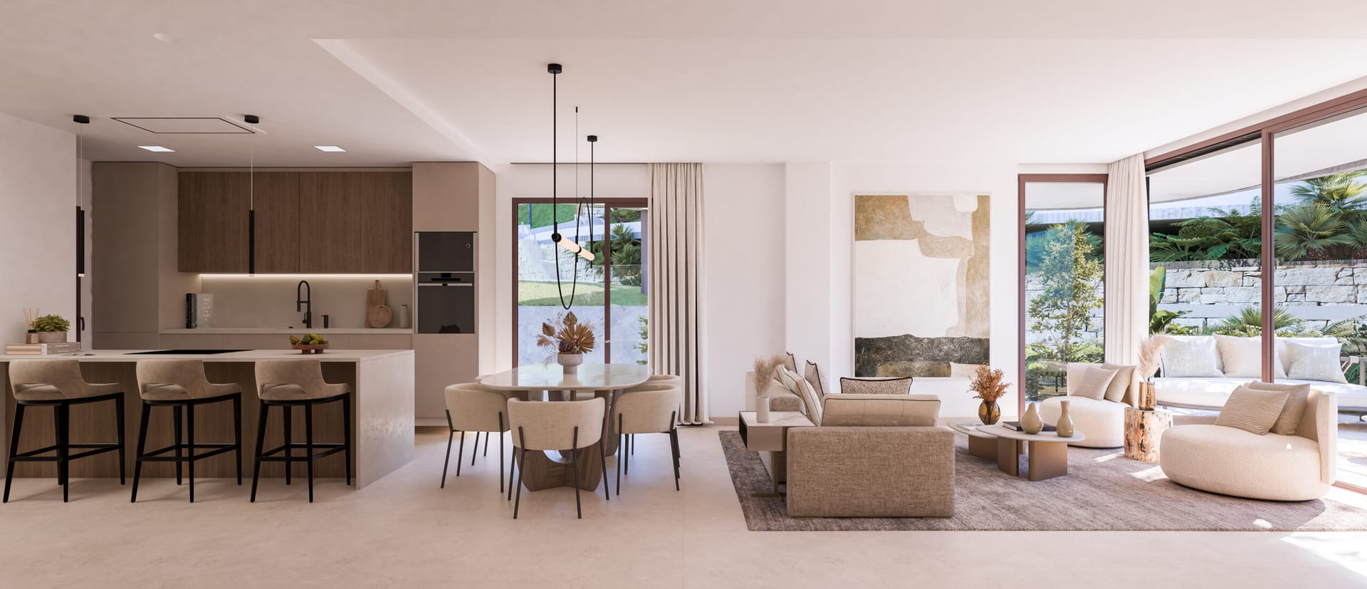 The kitchen and living room, open to each other, with sliding doors to the terrace. ZEW Elviria, Elviria, Marbella.
