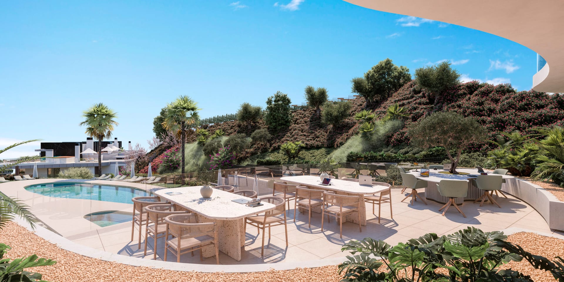 A pool with a dining terrace beside it, looking out over the hills. ZEW Elviria, Elviria, Marbella.