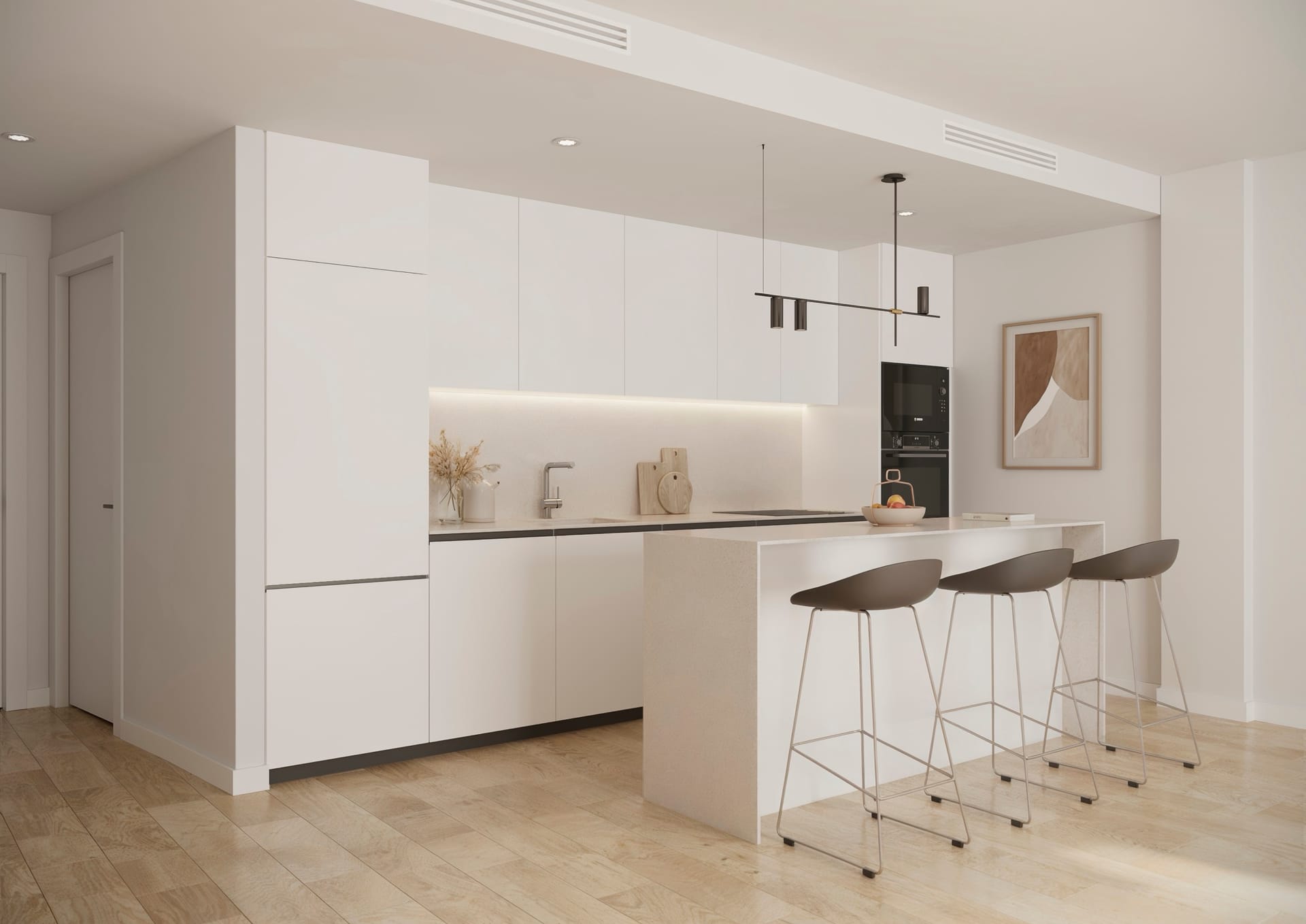 A kitchen with an island and bar stools. Zinnia, San Pedro Alcántara, Marbella.