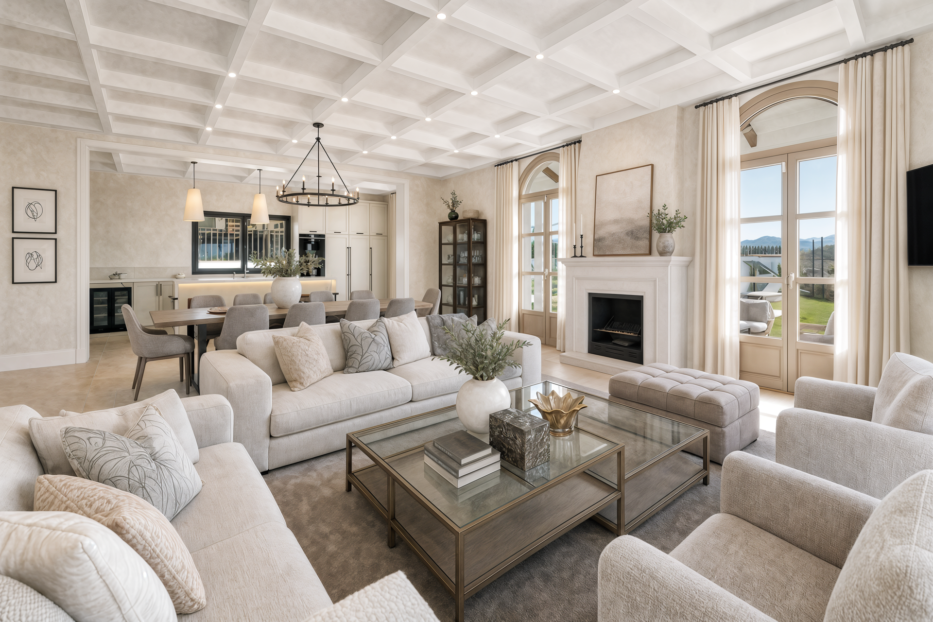The living room, with sofas around a glass coffee table, a fireplace and tall glazed doors, and the dining area behind.